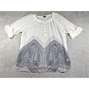 Apt. 9 Women's Sheer Graphic Print Roll-Tab Sleeve Boho Blouse White/Black XL
